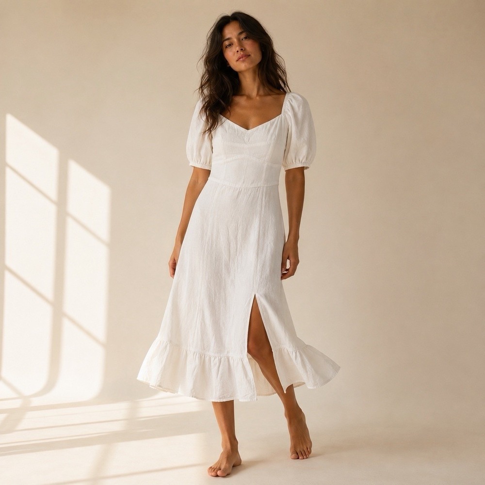 Mi Ami women's linen milkmaid dress white puff sleeve cottagecore bridal XL